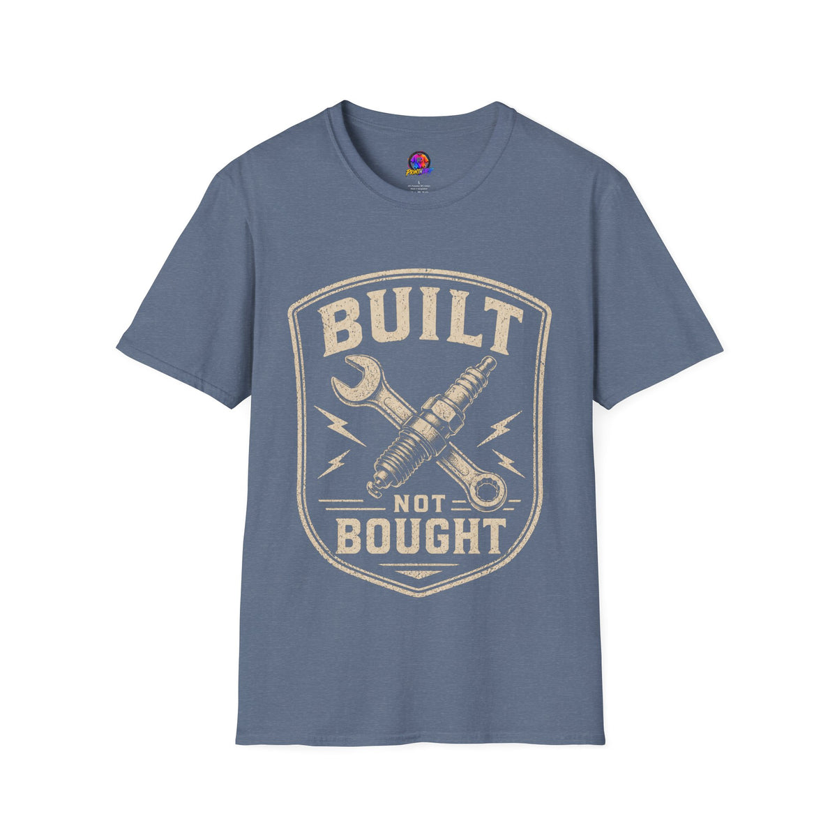 Built Not Bought T-Shirt — Vintage Mechanic Wrench & Spark Plug Design