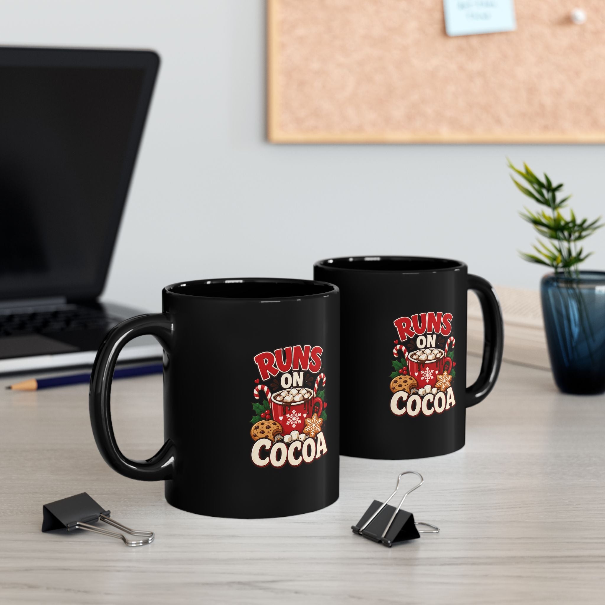 Cocoa Mug - "Runs on Cocoa" Holiday Coffee Black Cup