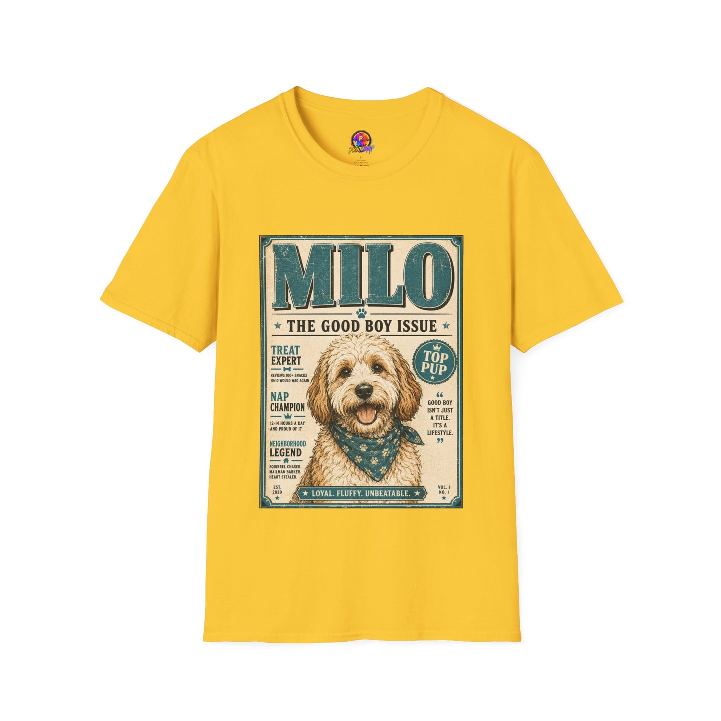 Milo 'The Good Boy Issue' Dog T‑Shirt — Vintage Puppy Magazine Design