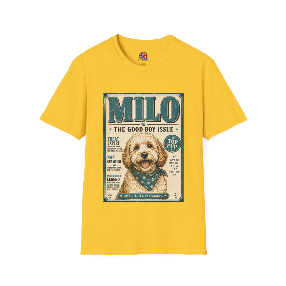 Milo 'The Good Boy Issue' Dog T‑Shirt — Vintage Puppy Magazine Design