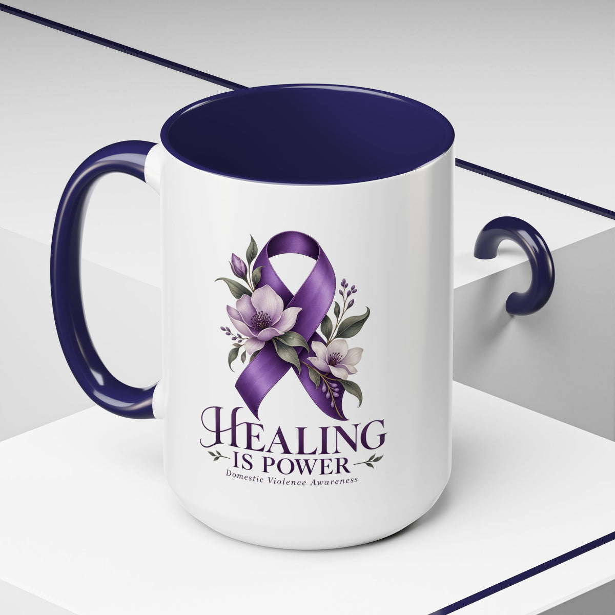 Healing Is Power Purple Ribbon Coffee Mug — Domestic Violence Awareness Accent Mug (11/15oz)