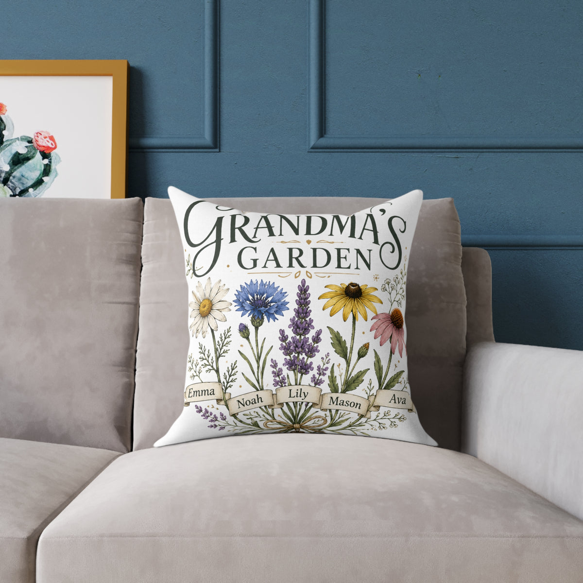 Grandma's Garden Floral Throw Pillow  Milo Bailey Dog Dad Mom— Personalized Family Names