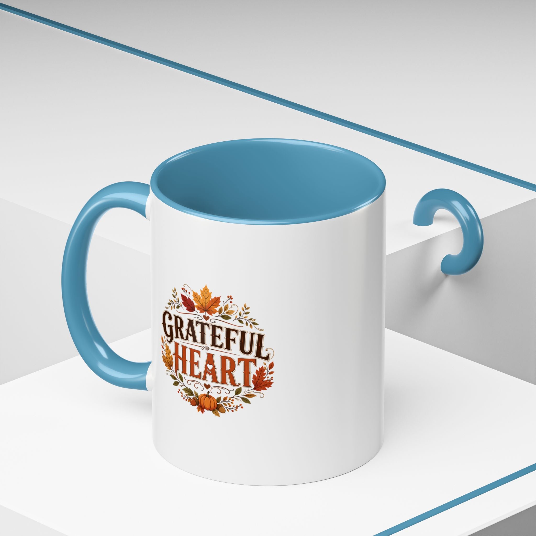 Thanksgiving Mug Grateful Heart Coffee Mug — Fall Leaves Pumpkin Accent Mug