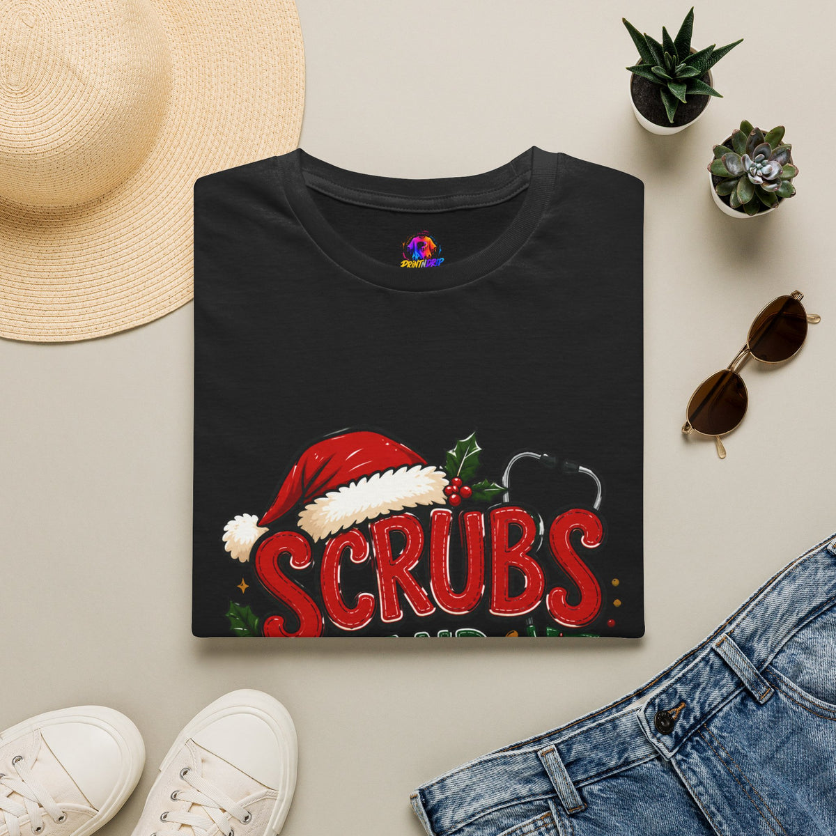 Scrubs and Santa Christmas Tee — Funny Nurse Holiday T-Shirt
