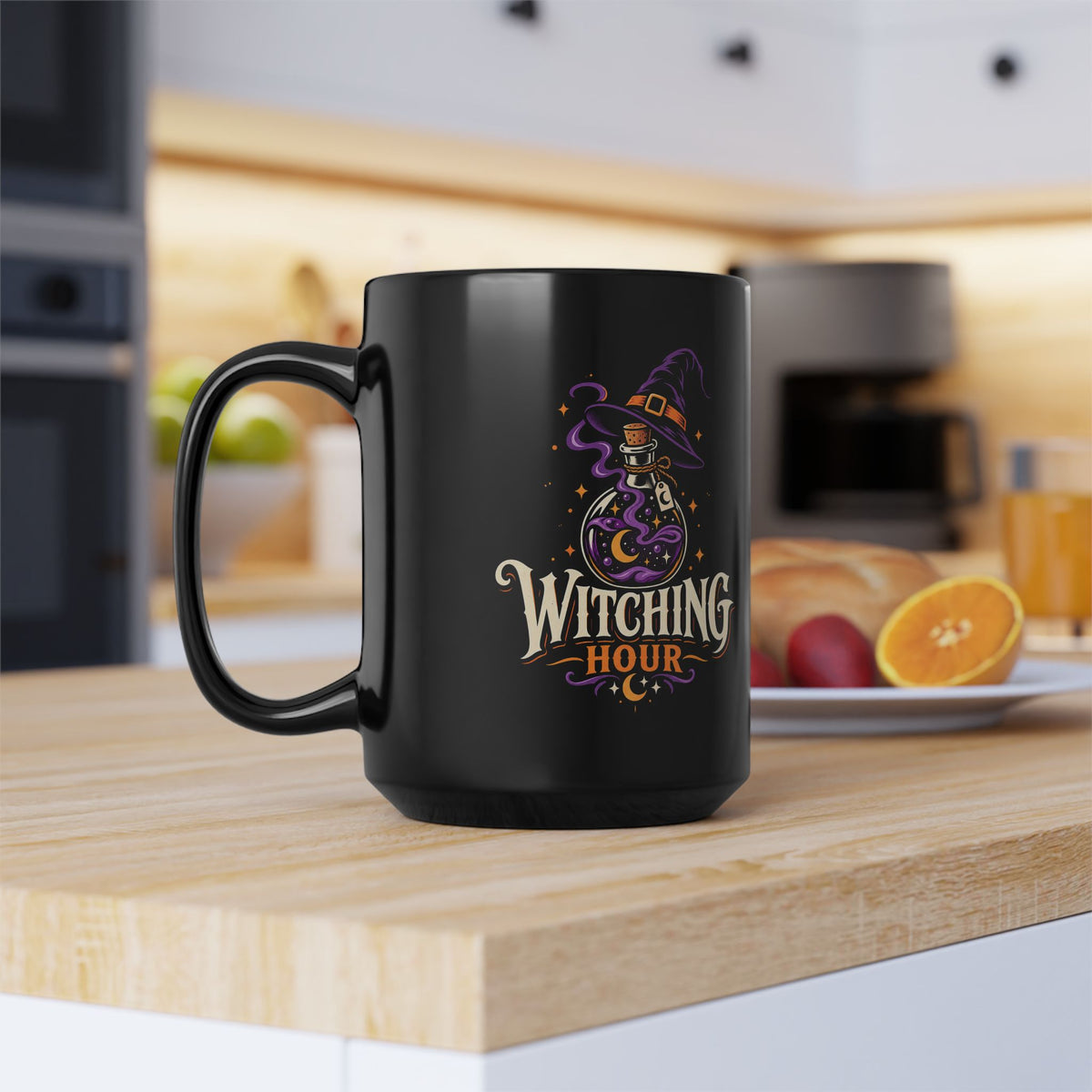 Witching Hour Black Mug — Spooky Halloween Witch Hat & Potion Coffee Cup (11oz/15oz)