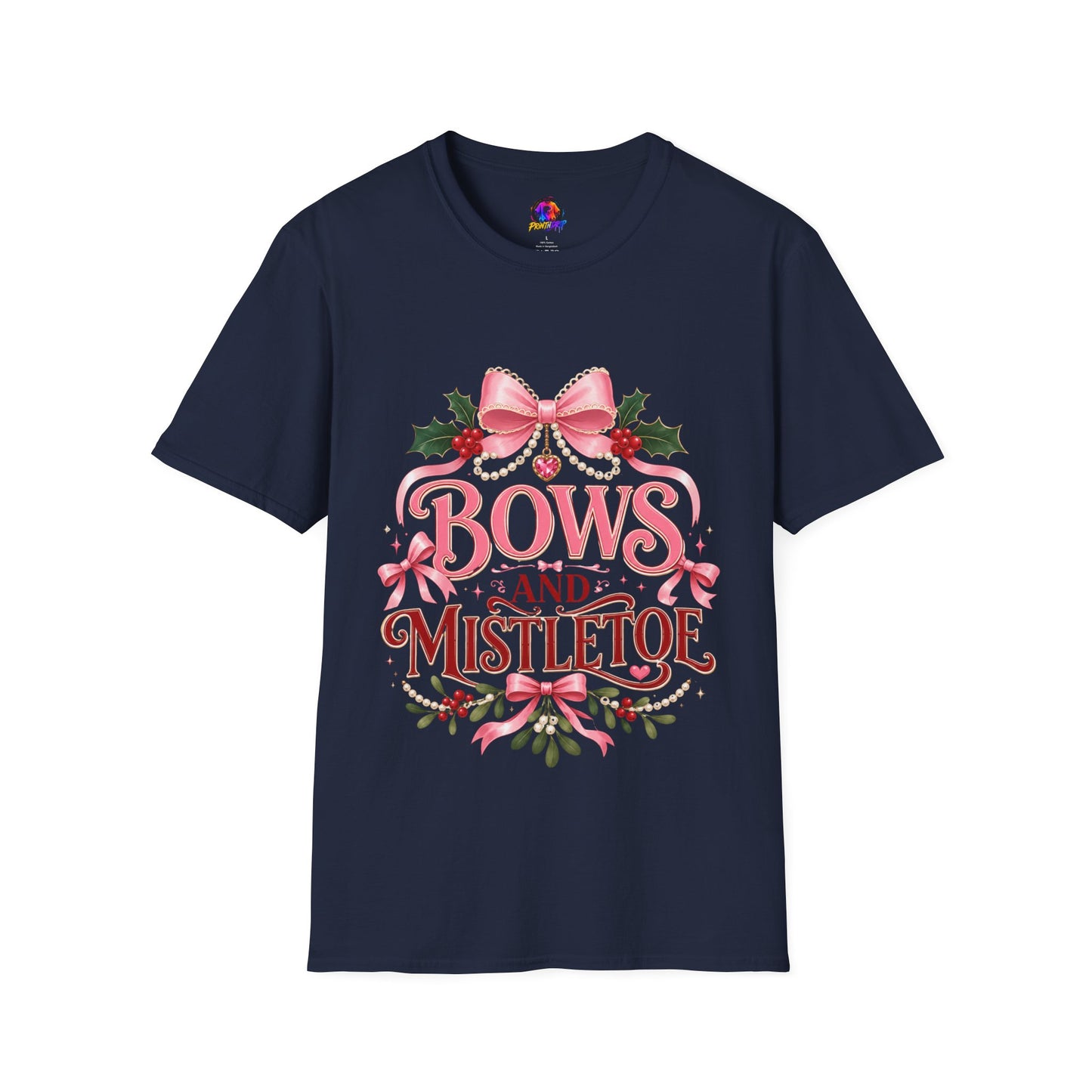 Bows and Mistletoe T-Shirt — Pink Holiday Bow Christmas Tee