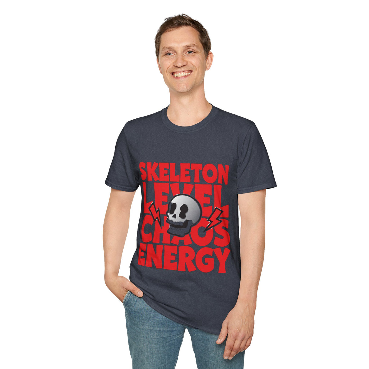 Skeleton Level Chaos Energy Red Block Tee - Bold Skull Lightning Graphic T-Shirt - Trending Now - September 2026