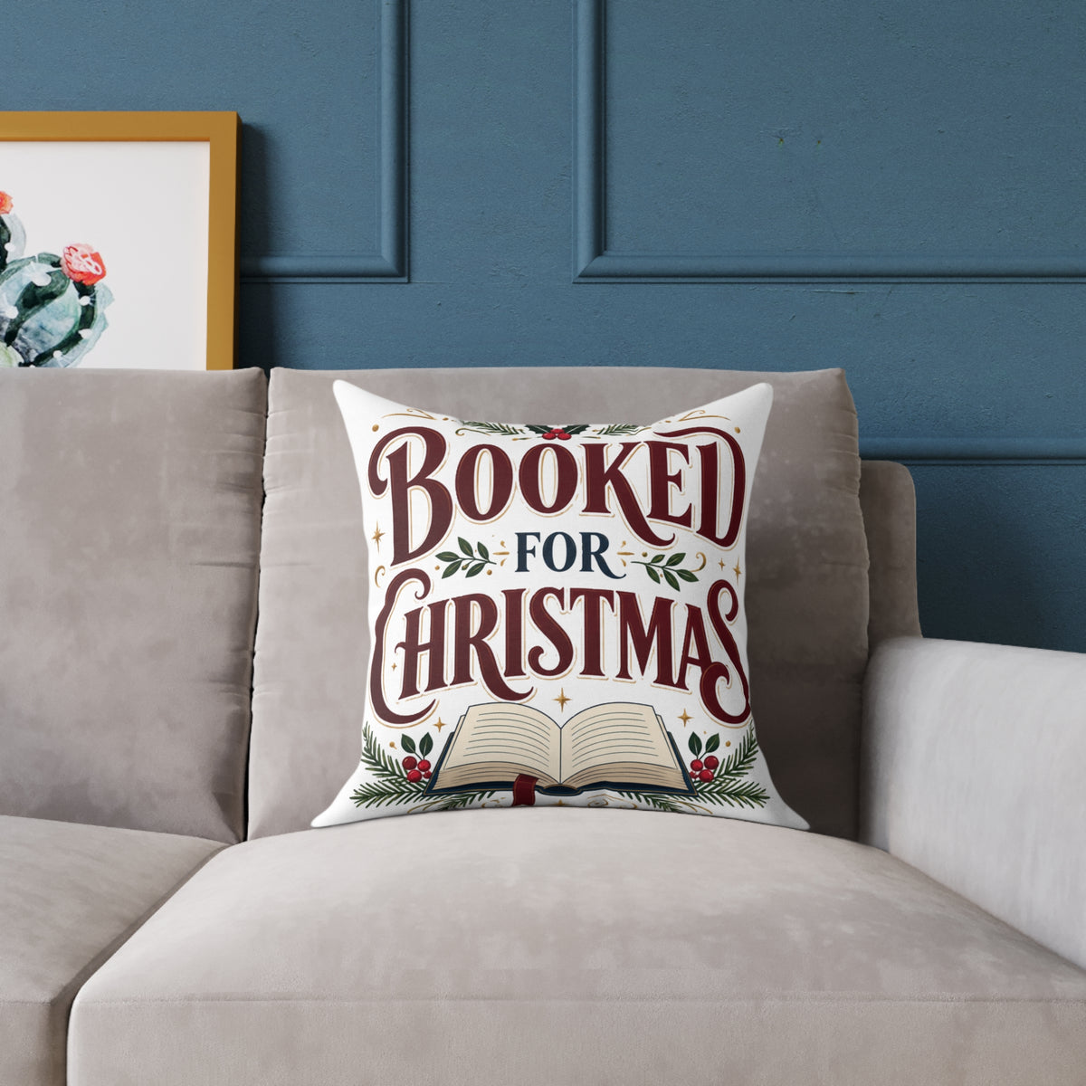 Christmas Book Lover Pillow — "Booked for Christmas" Decorative Throw Pillow