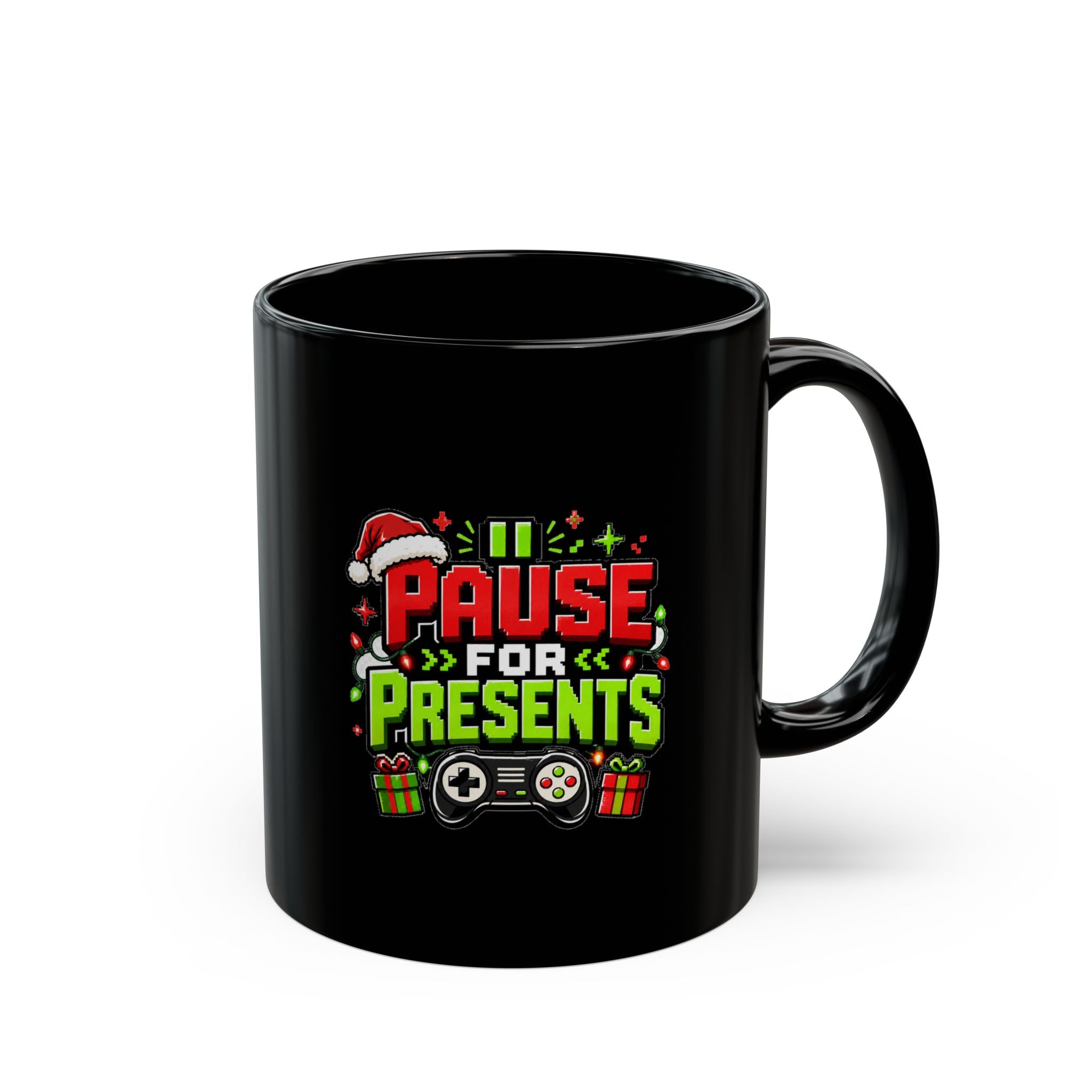 Modern Day Christmas Pause for Presents Black Mug — Gaming Christmas Coffee Cup