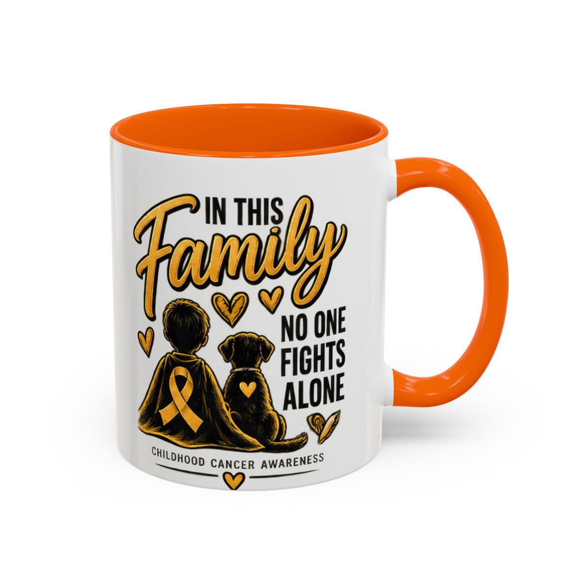 Childhood Cancer Awareness Accent Coffee Mug – "In This Family No One Fights Alone" (11/15oz)