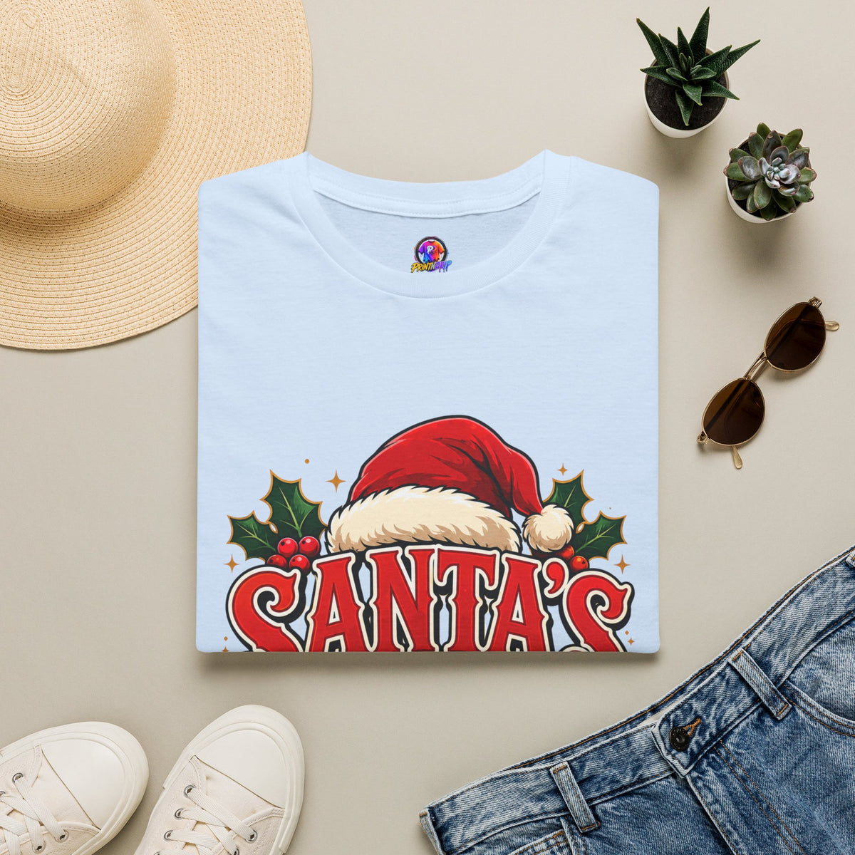 Santa's Favorite T-Shirt — Festive Christmas Tee with Santa Hat & Holly
