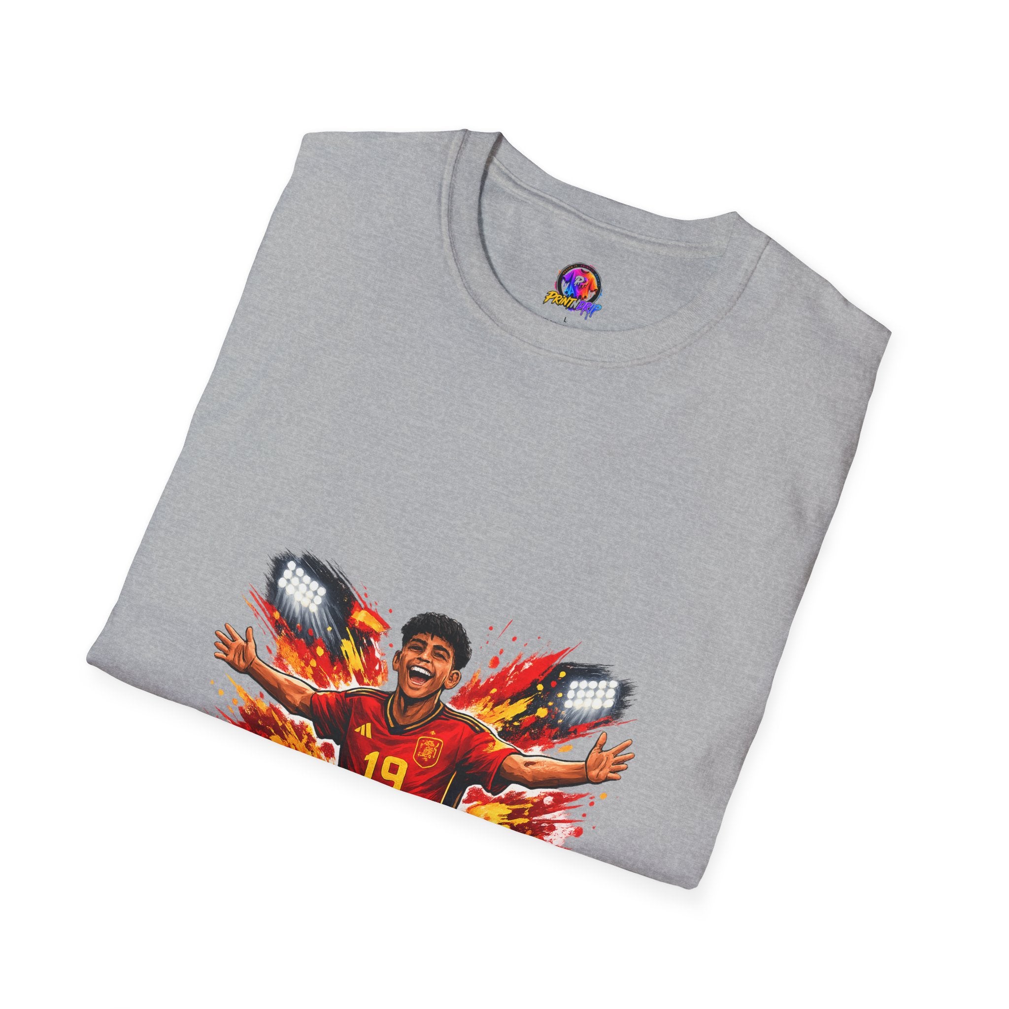 Spain Soccer Fan Portrait T‑Shirt – Fiery Goal Celebration Design
