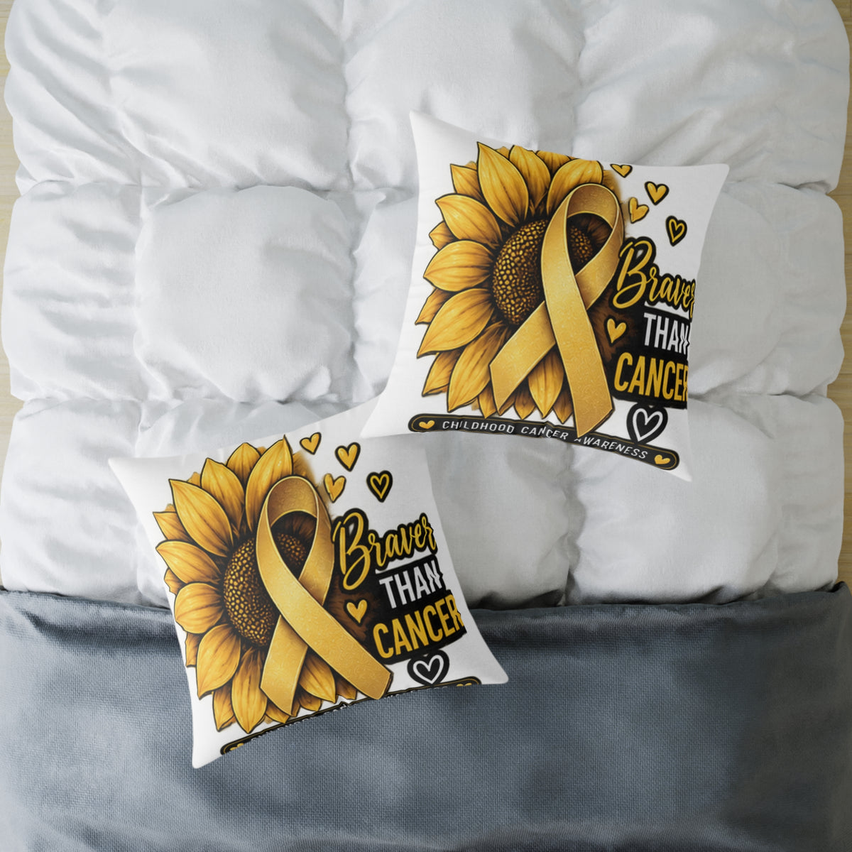 Sunflower Gold Ribbon Pillow —Childhood Cancer  'Braver Than Cancer' Awareness Throw Pillow