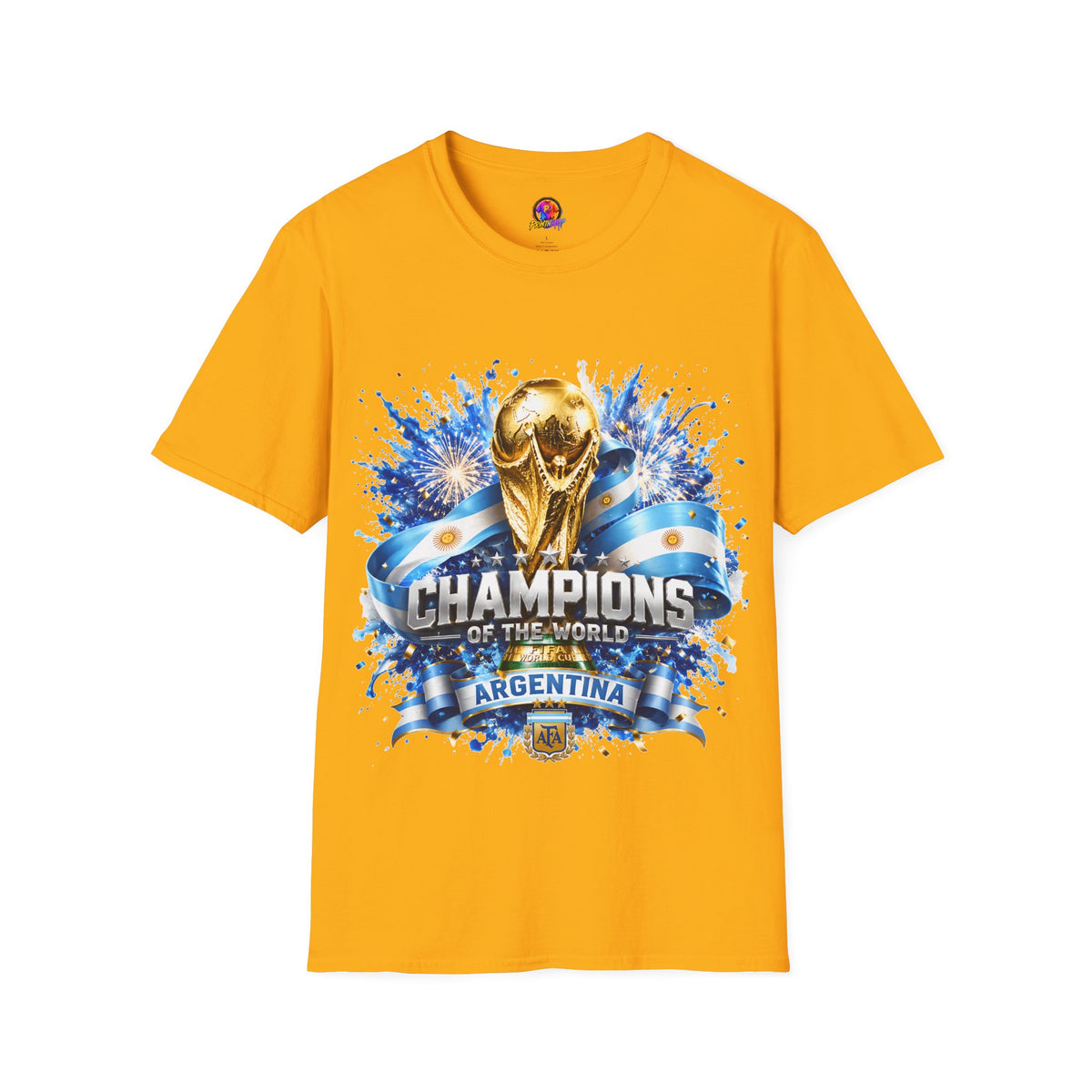 Argentina World Cup Champions T-Shirt — Gold Trophy Celebration Tee