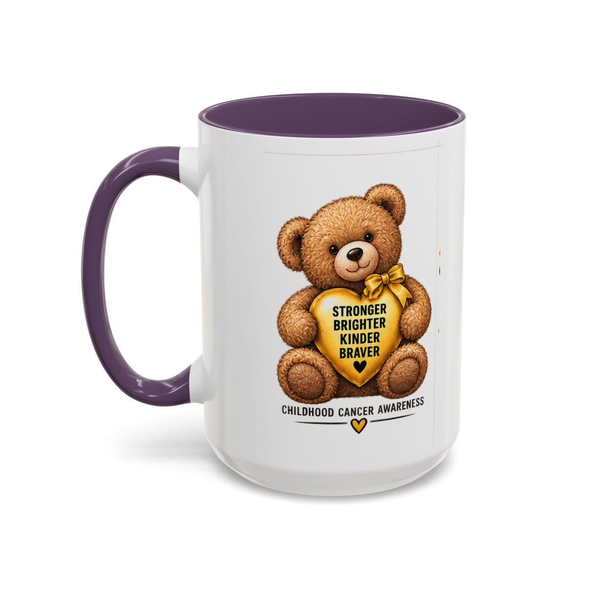 Childhood Cancer Awareness Coffee Mug — 'Stronger Brighter Kinder Braver' Teddy