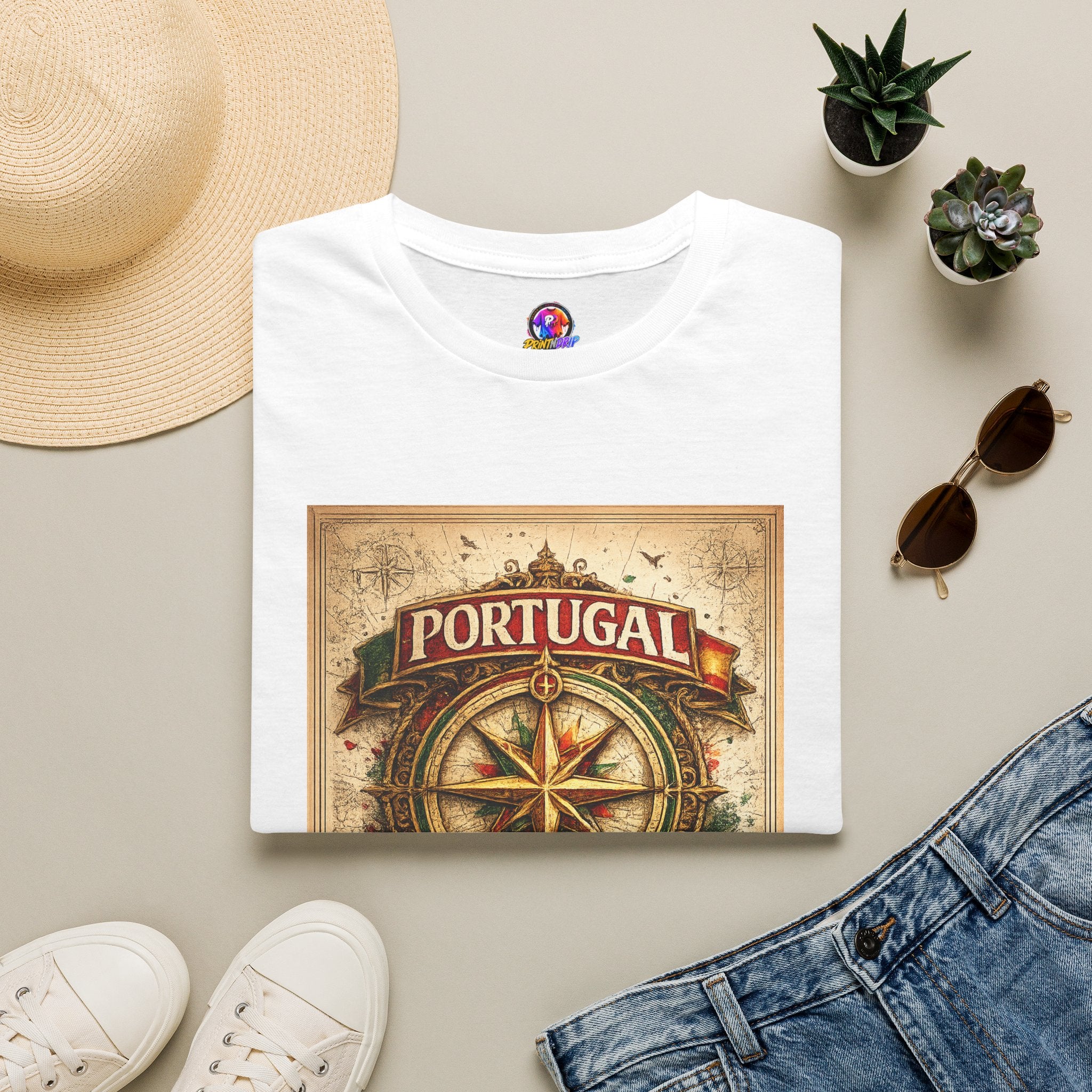 Portugal Compass T‑Shirt — Vintage Nautical Travel Tee