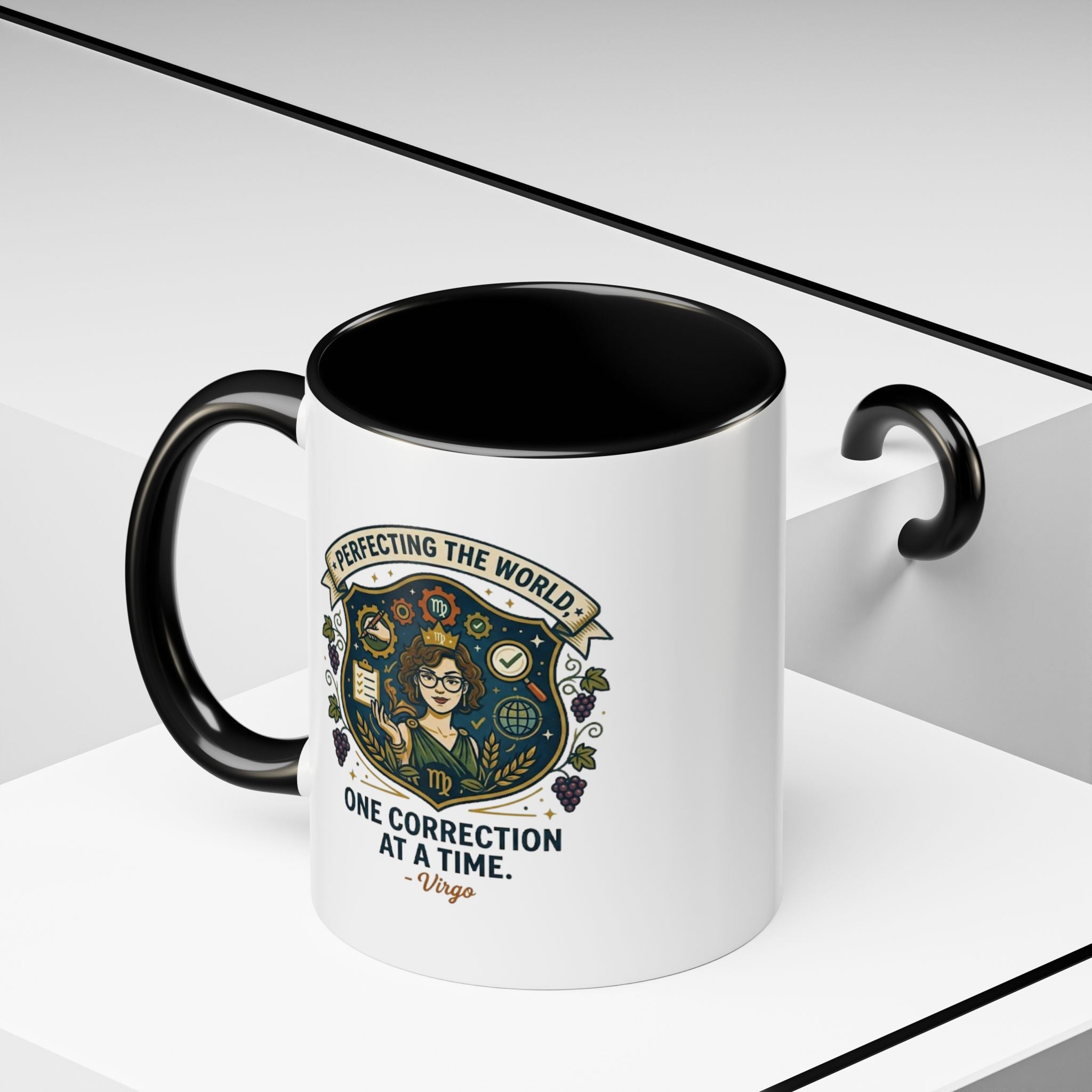 Virgo Coffee Mug — "Perfecting the World: One Correction at a Time" Accent Astrology Gift