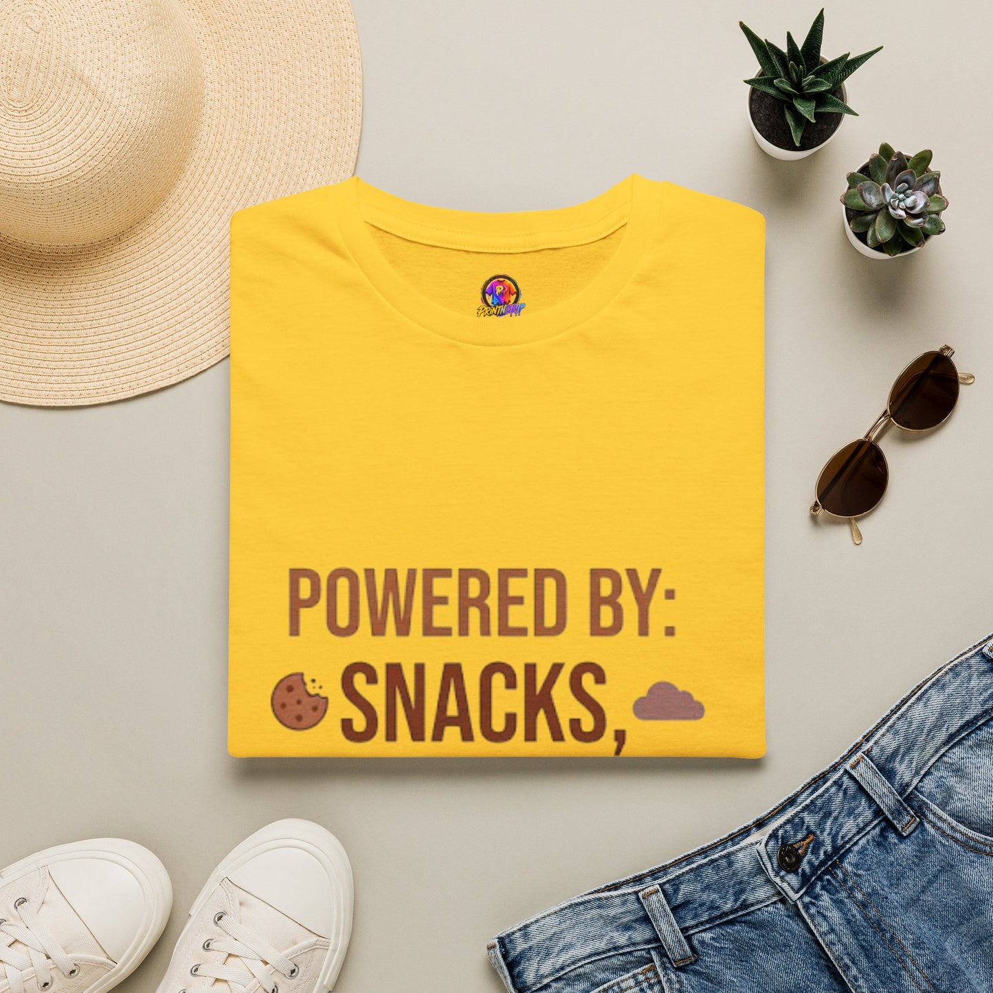 Powered By: Snacks, Naps & Stubbornness T-Shirt — Funny Casual Graphic Tee