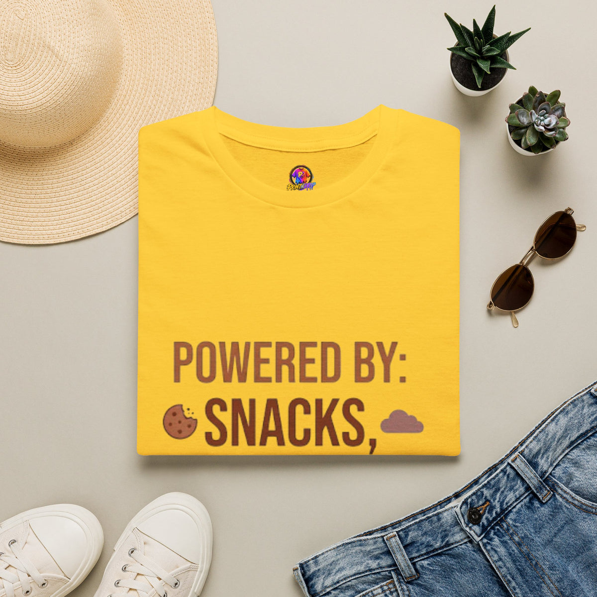 Powered By: Snacks, Naps & Stubbornness T-Shirt — Funny Casual Graphic Tee