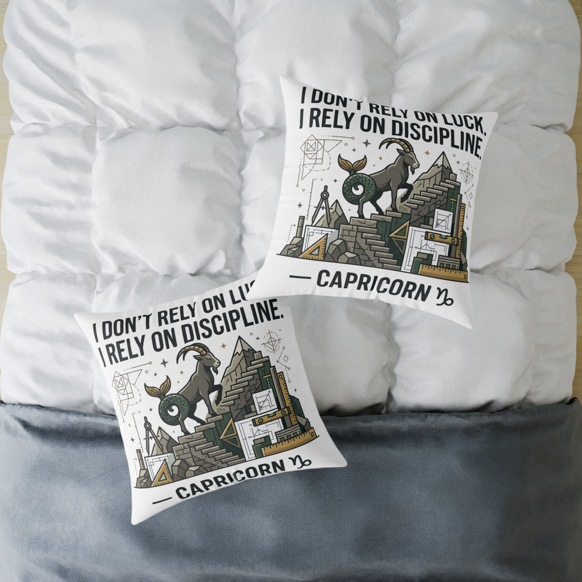 Capricorn Zodiac Pillow — "I Don't Rely on Luck, I Rely on Discipline" Square Decorative Cushion