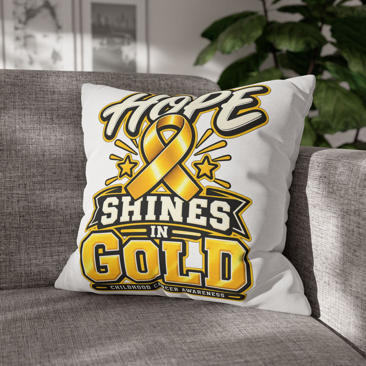 Hope Shines in Gold Pillowcase — Childhood Cancer Awareness Ribbon Decorative Pillow