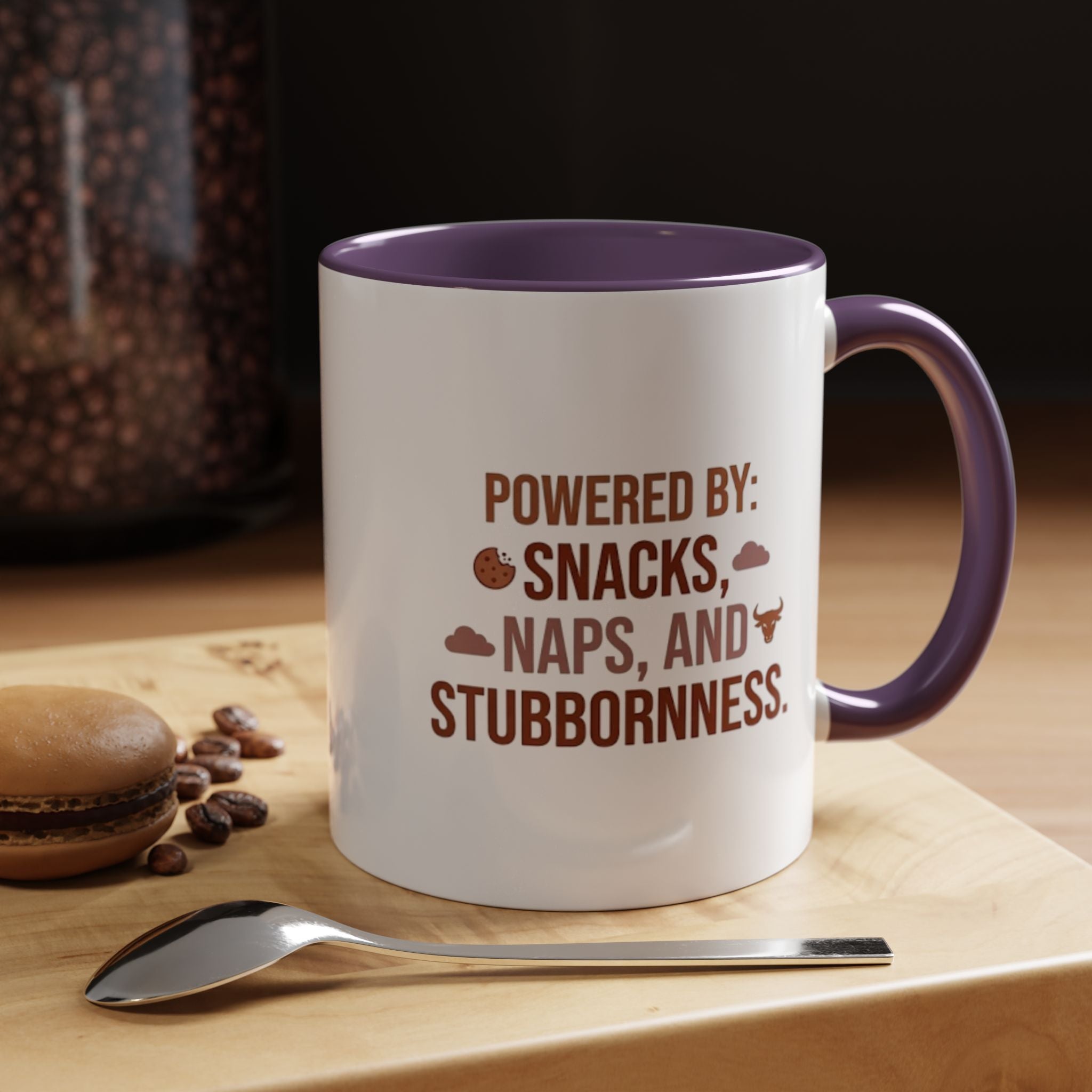 Coffee Mug — "Powered by: Snacks, Naps, and Stubbornness" Ceramic Accent Mug