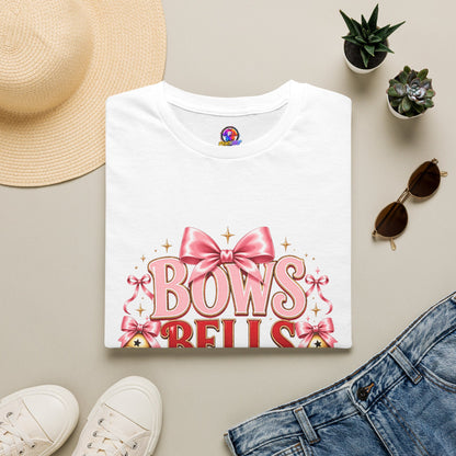 T-Shirt — "Bows Bells Bliss" Pink Holiday Graphic Tee
