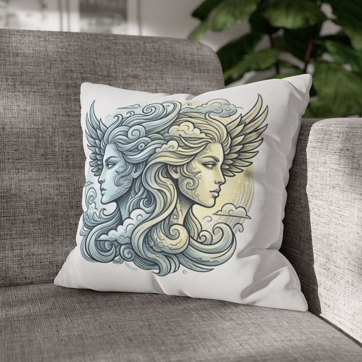 Gemini Dual Goddess Decorative Pillowcase — Celestial Sun & Moon Art Throw Pillow