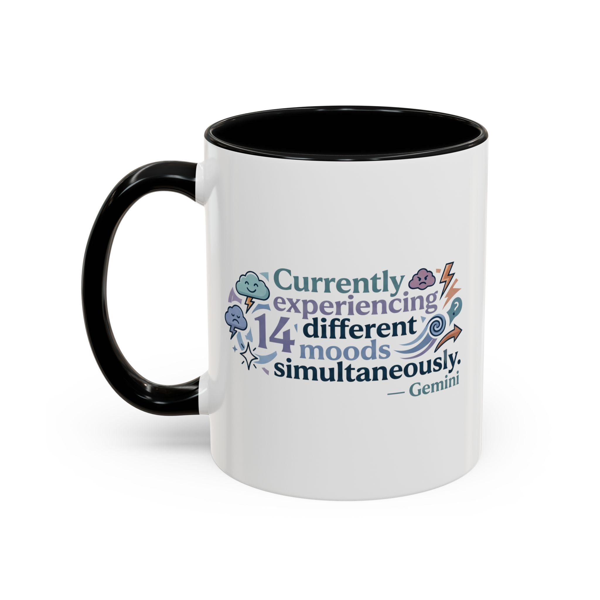 Gemini Mood Coffee Mug — "Currently Experiencing 14 Different Moods" Accent Ceramic Mug