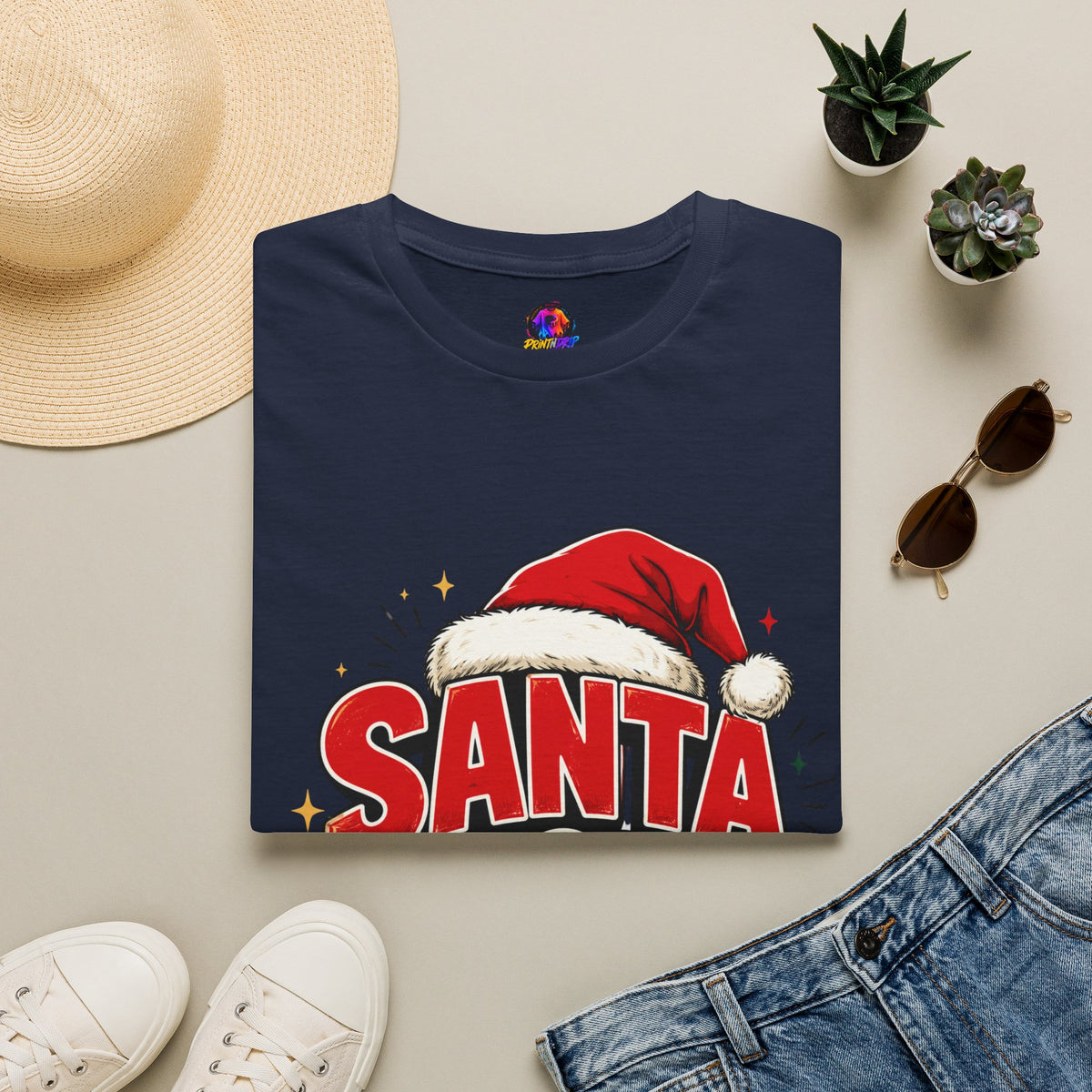 Santa Mode T-Shirt — Holiday Christmas Graphic Tee with Santa Hat