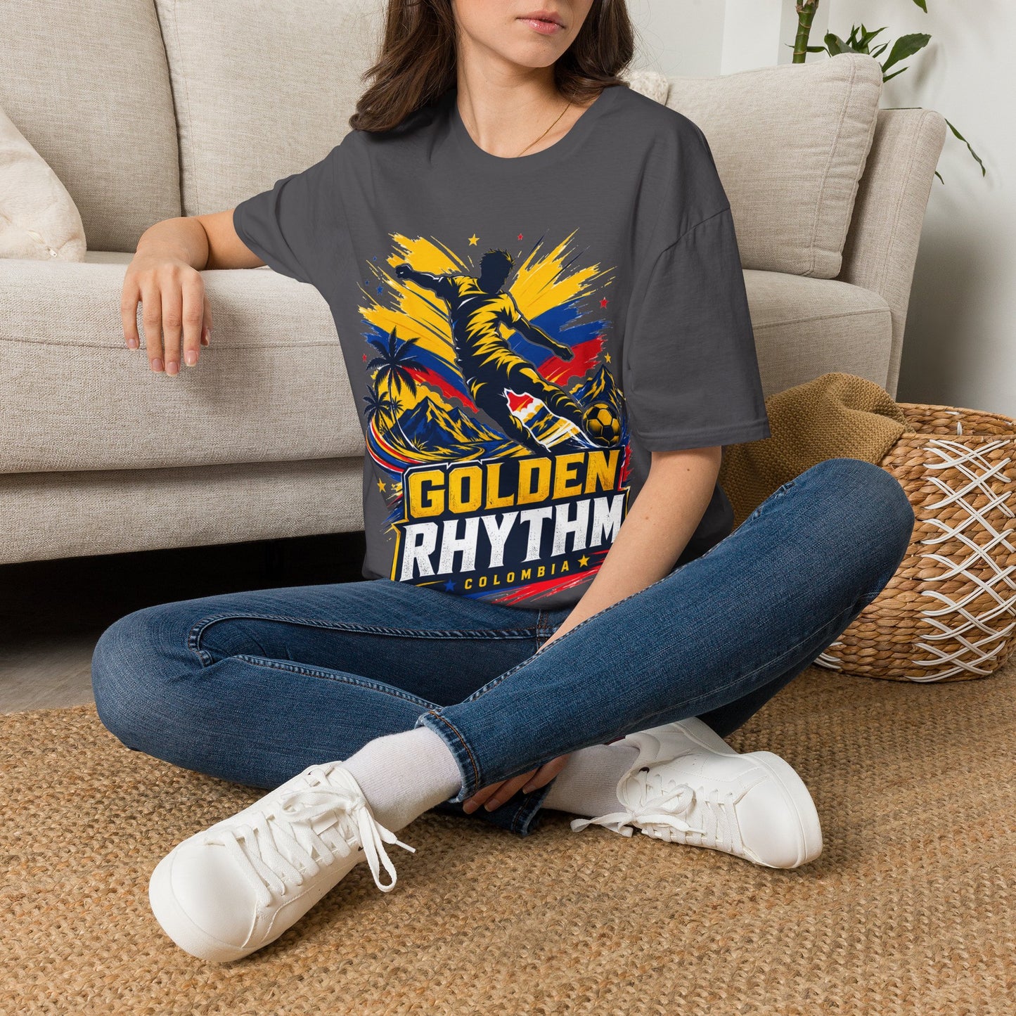 Columbia Soccer Player Graphic T-Shirt — "Golden Rhythm" Vibrant Beach Soccer Tee