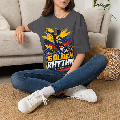 Columbia Soccer Player Graphic T-Shirt — "Golden Rhythm" Vibrant Beach Soccer Tee