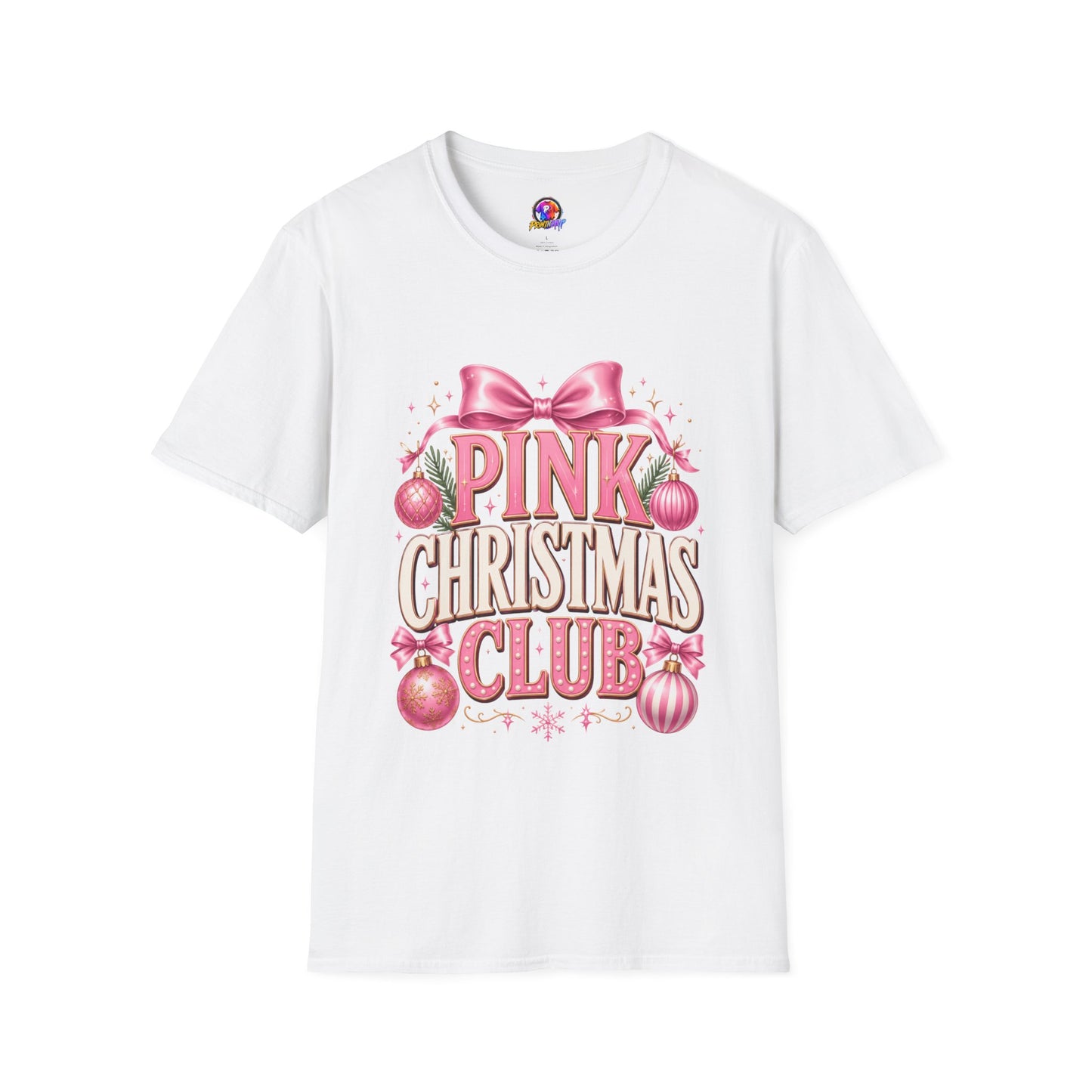 Pink Christmas Club T-Shirt — Womens Festive Holiday Tee with Bow & Ornaments