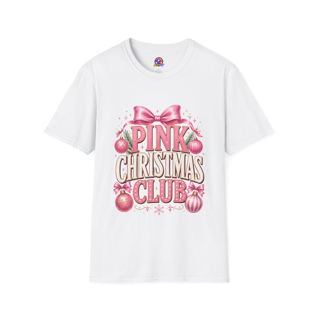 Pink Christmas Club T-Shirt — Womens Festive Holiday Tee with Bow & Ornaments