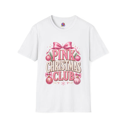 Pink Christmas Club T-Shirt — Womens Festive Holiday Tee with Bow & Ornaments