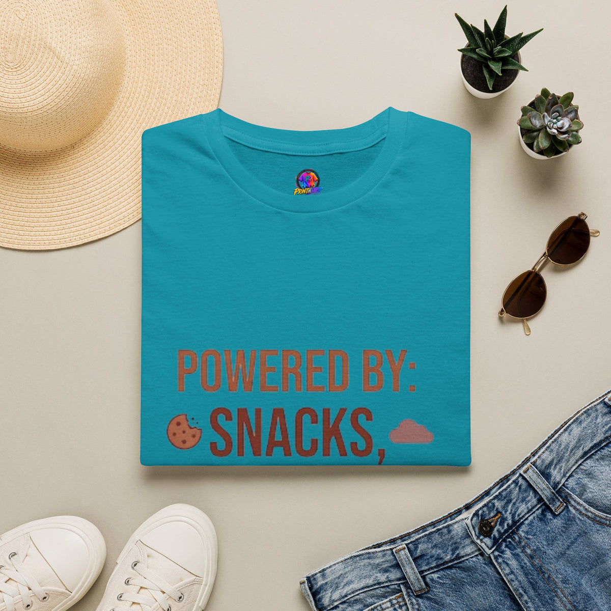 Powered By: Snacks, Naps & Stubbornness T-Shirt — Funny Casual Graphic Tee