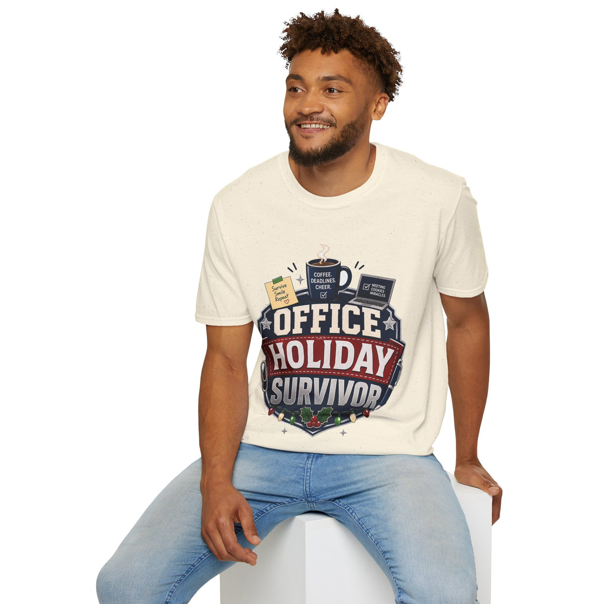 Office Holiday Survivor T-Shirt — Coffee, Deadlines & Cheer Work Shirt
