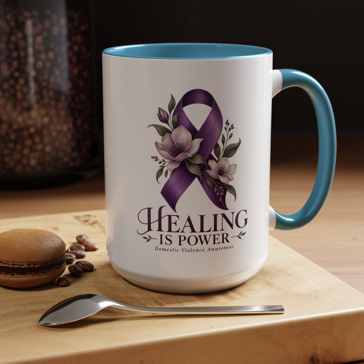 Healing Is Power Purple Ribbon Coffee Mug — Domestic Violence Awareness Accent Mug (11/15oz)