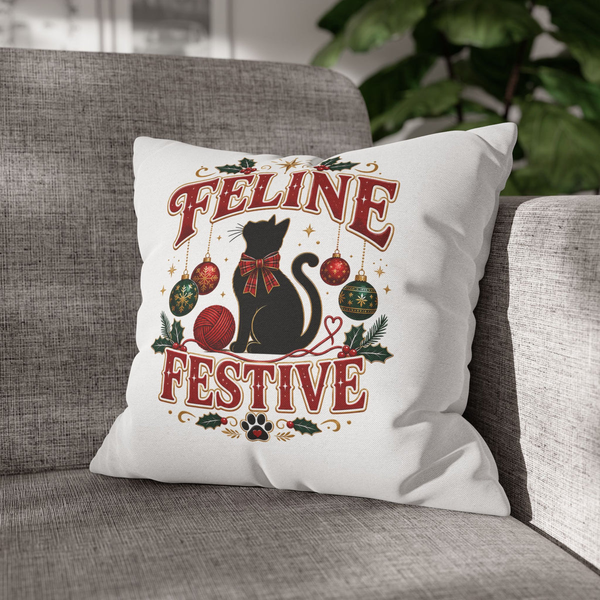 Feline Festive Christmas Pillowcase — Christmas Cat Decorative Throw Pillow Cover