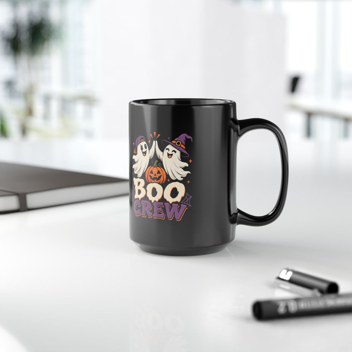 Halloween Boo Crew Mug — Black Ceramic Coffee Cup (11oz, 15oz)