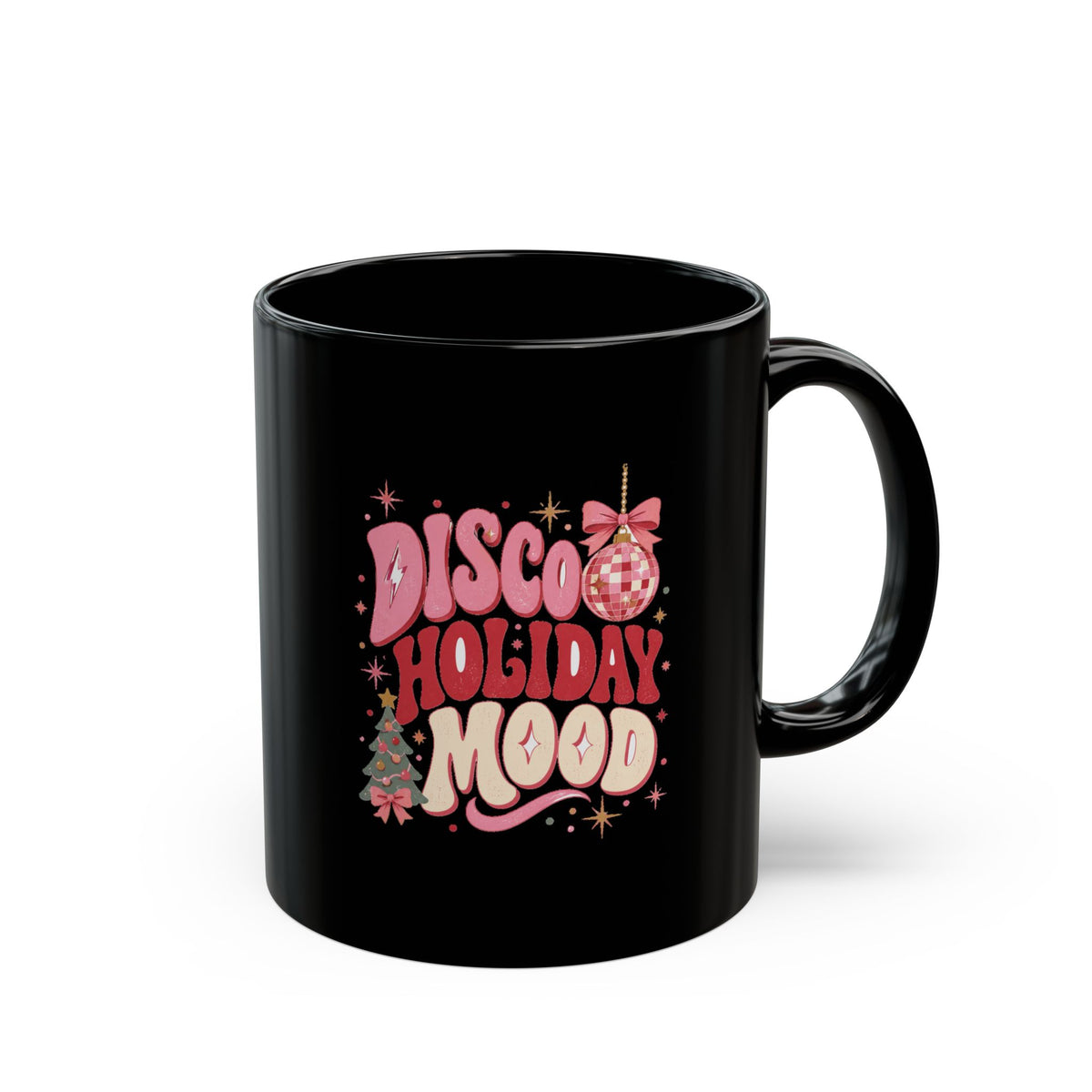 Modern Day Christmas Disco Holiday Mood Mug — Retro Pink Disco Ball Christmas Coffee Cup - Black Coffee Mug