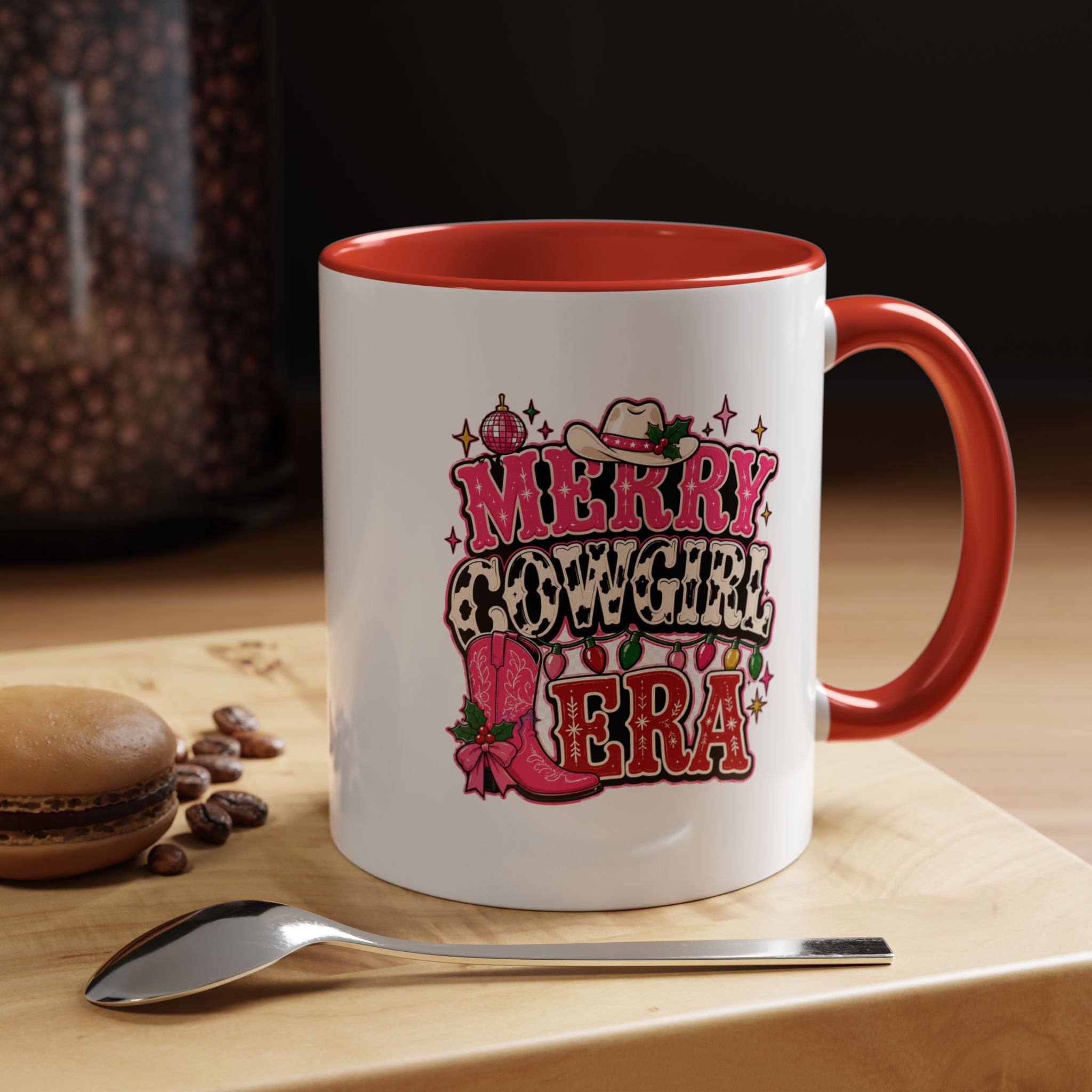 Modern Day Christmas Merry Cowgirl Era Accent Coffee Mug — Festive Pink Western Cowboy Boots & Hat Mug
