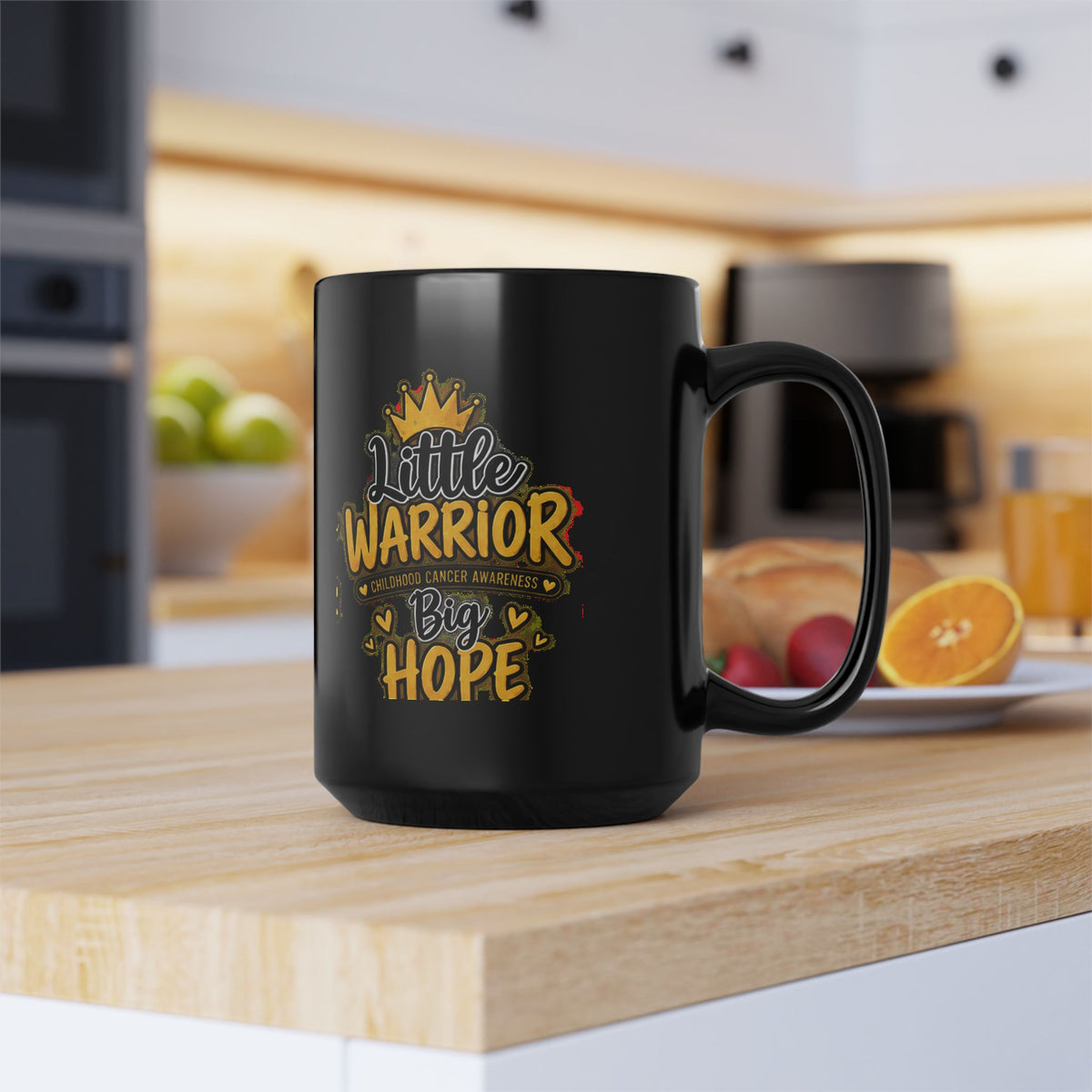 Childhood Cancer Awareness Black Mug — "Little Warrior Big Hope" 11oz/15oz