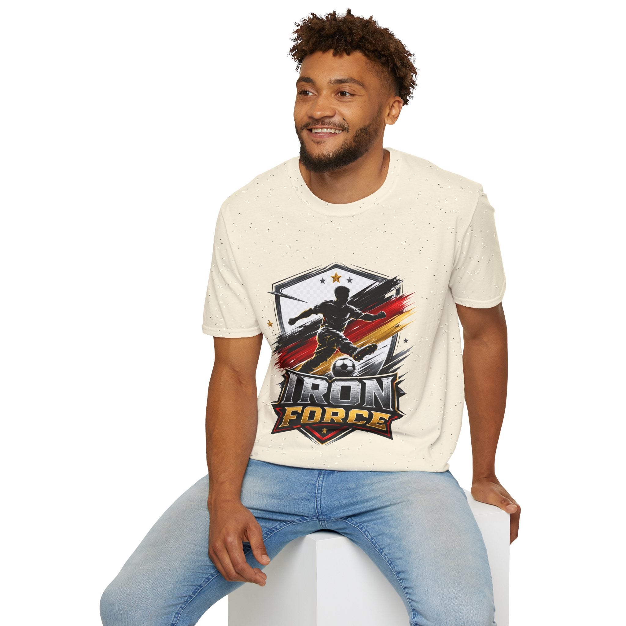 Germany Soccer 'Iron Force' Graphic T-Shirt — Player Silhouette with Red & Gold Brushstroke Emblem