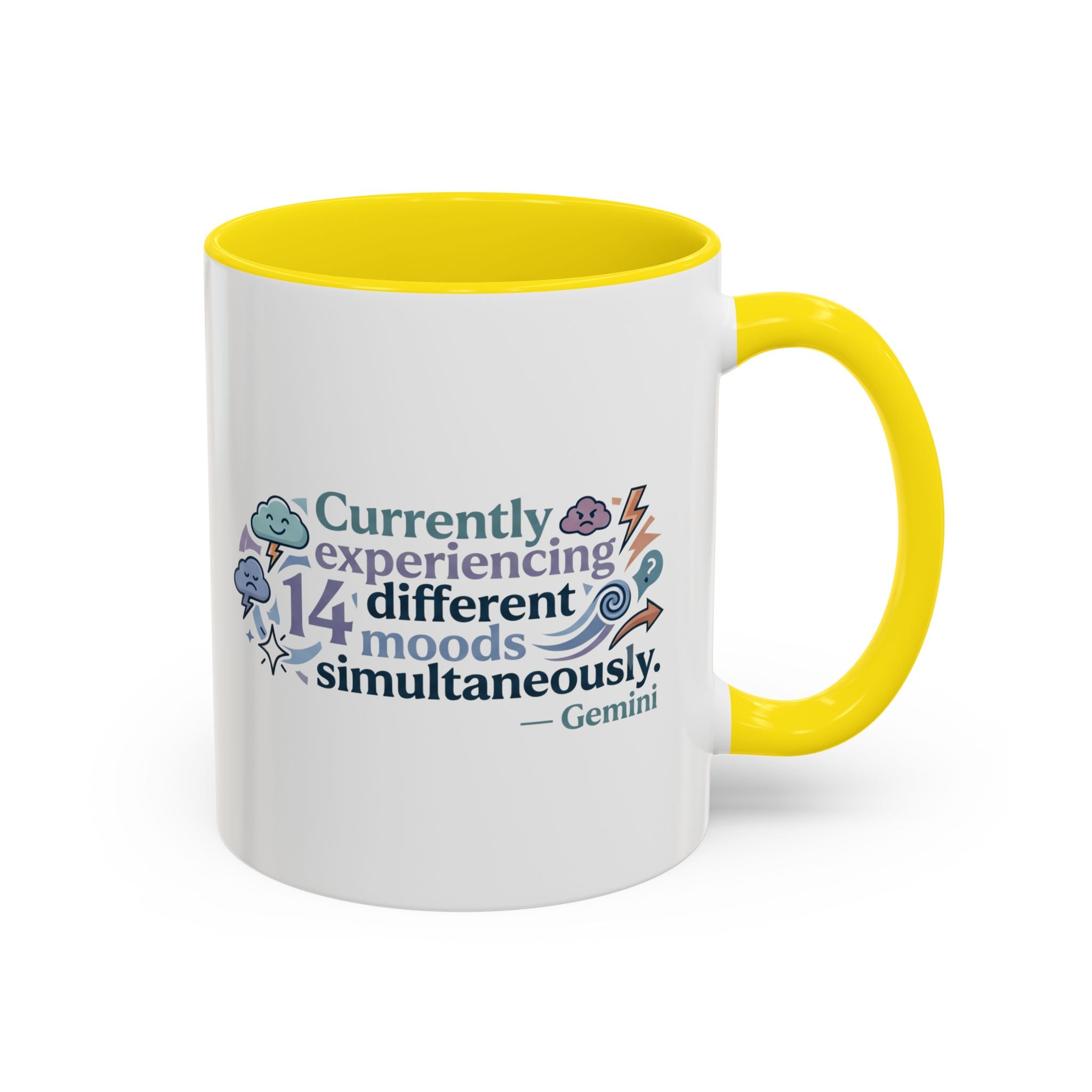 Gemini Mood Coffee Mug — "Currently Experiencing 14 Different Moods" Accent Ceramic Mug