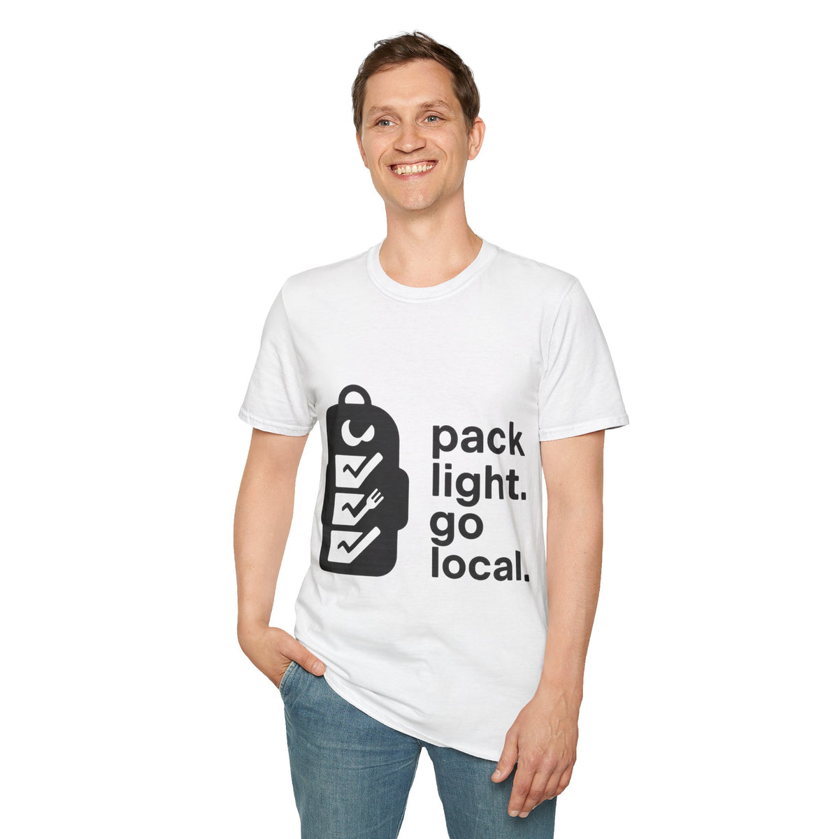 "Pack Light, Go Local" Backpacking Hiking Graphic Tee - Minimalist Outdoor Travel White T-Shirt - Trending Now - September 2026