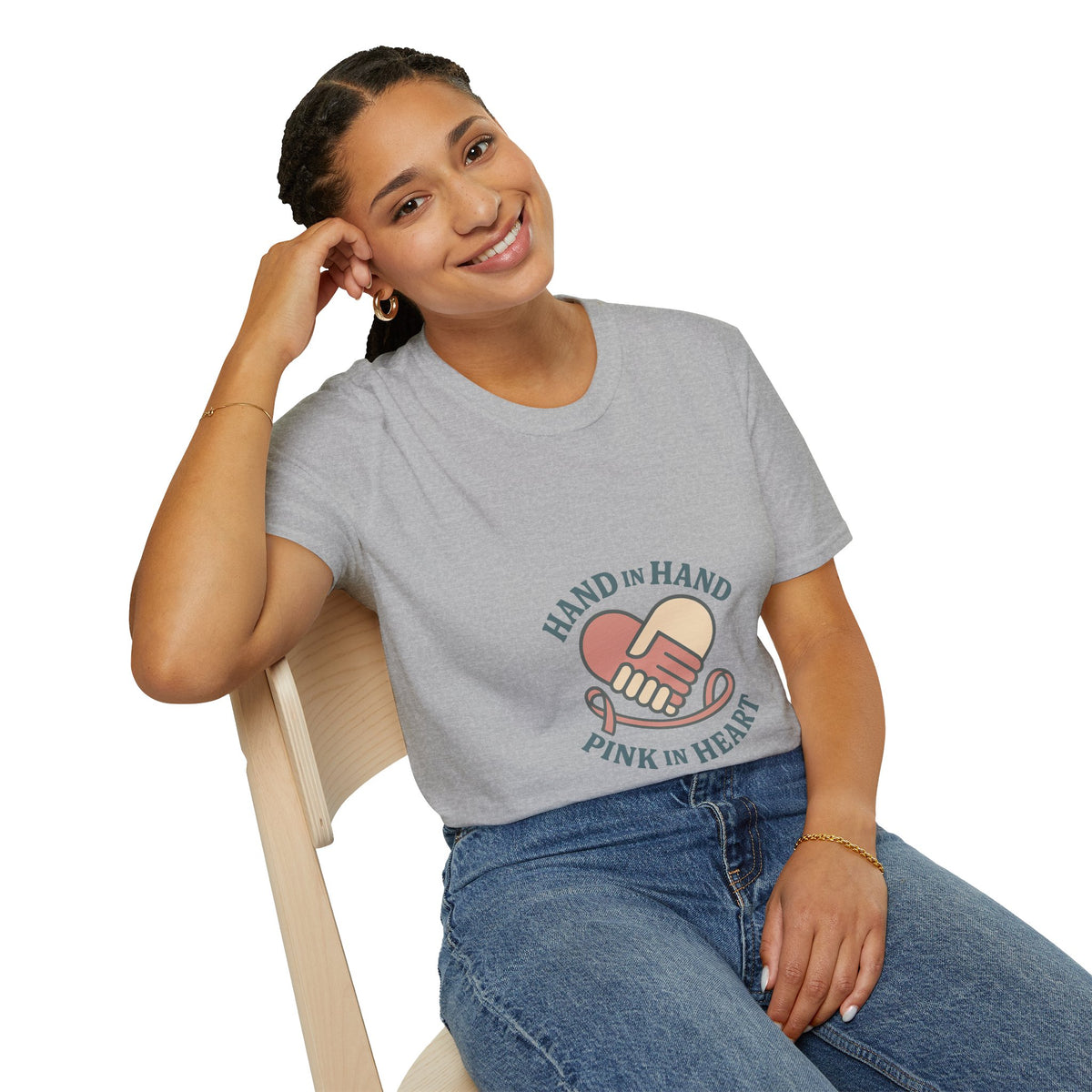 T-Shirt — "Hand in Hand, Pink at Heart" Heart-Shake Breast Cancer Support Tee - Trending Now - October 2026