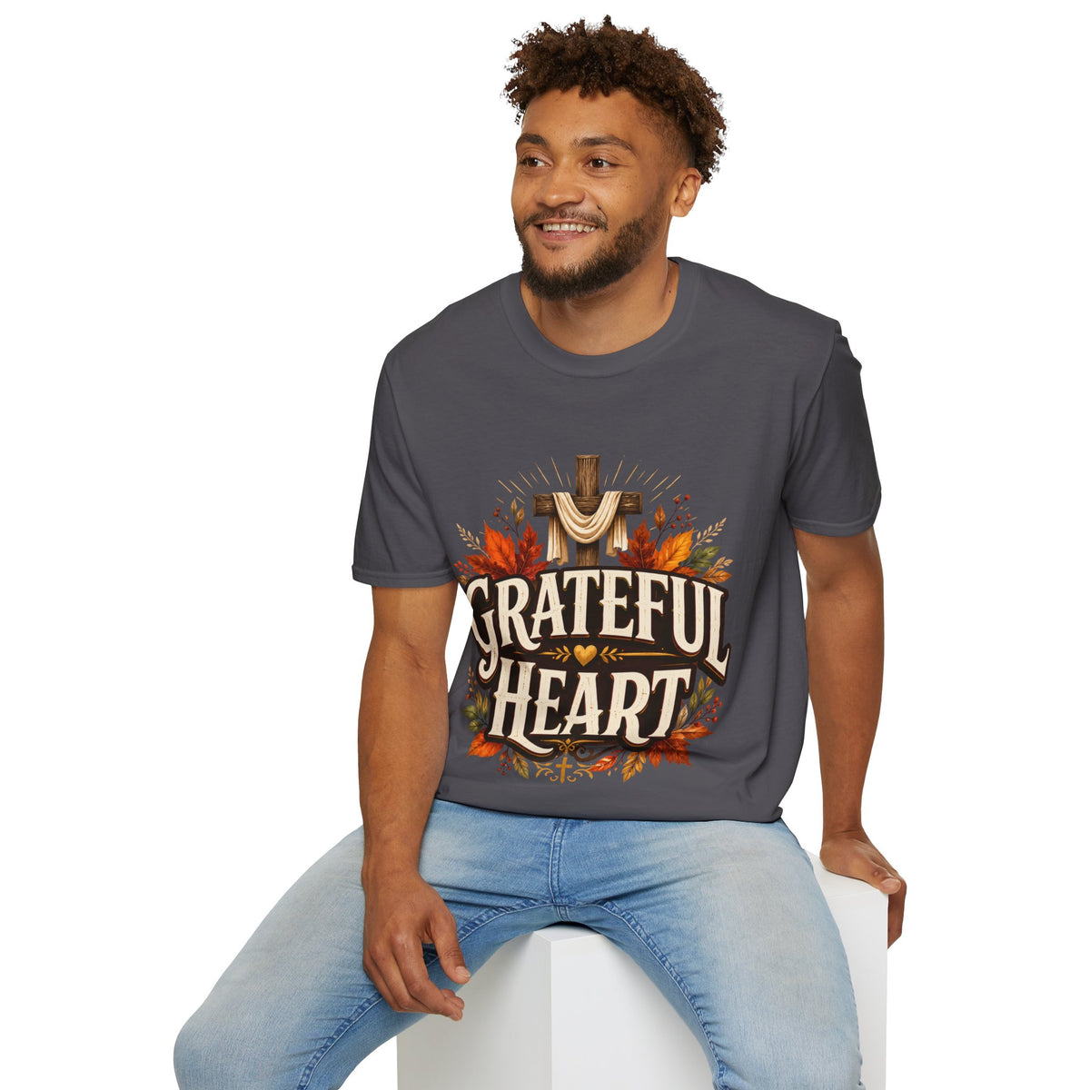 Thanksgiving T-Shirt Grateful Heart T-Shirt — Christian Cross & Autumn Leaves Thanksgiving Tee