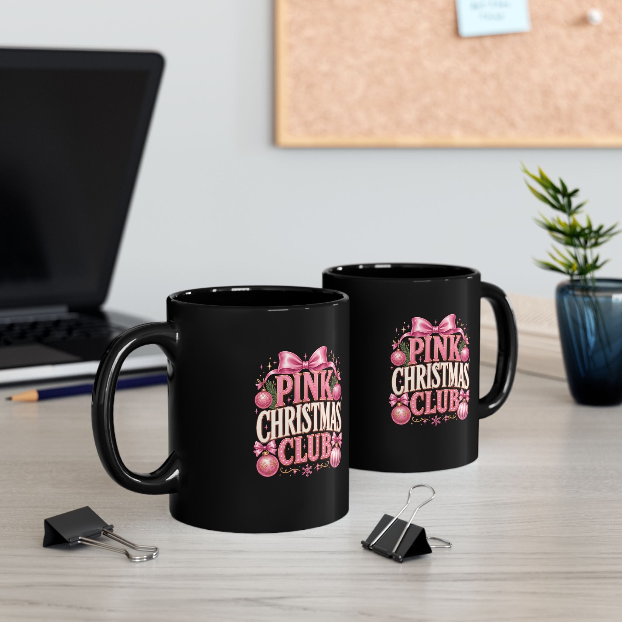 Pink Christmas Club Black Mug — Festive Holiday Coffee Cup