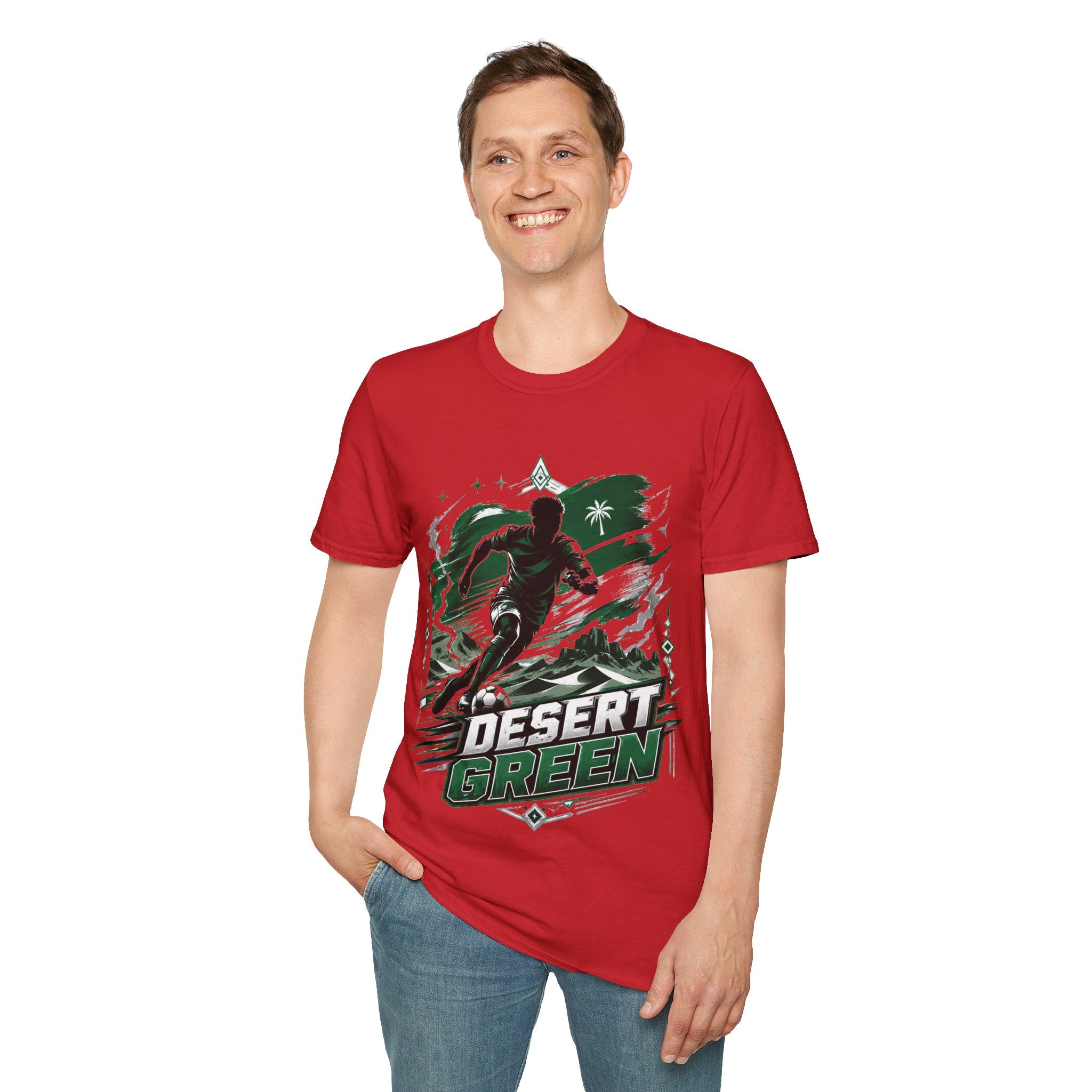 Saudi Arabia Desert Green Soccer T-Shirt — Silhouette Player Graphic